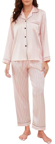 Reliwel satinpyjamas, dam, långärmad pyjamas-set med knappslå V-ringad, tvådelat nattkläder, mjuk sidenpyjamas, klassisk vardagskläder, hemmadräkt Pjs, Rosa ränder, M