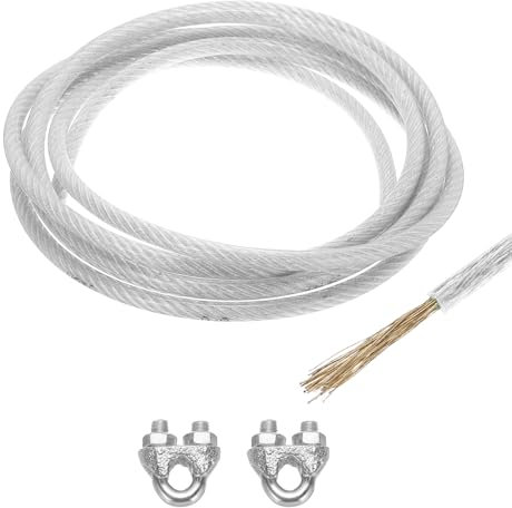 sourcing map 8mm (5/16 inch) Clear Vinyl Coated Wire Rope, 3meter /10ft Galvanized Steel Cable Wire Rope with 2PCS M8 Loop Sleeves for String Light Hanging, Deck Railing, Garden Wire