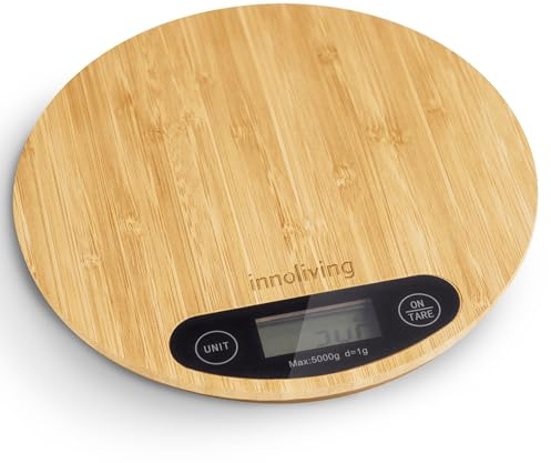 Innoliving Balance numérique de cuisine en bambou avec planche à découper 2 en 1 et design élégant, haute précision, fonction tara, écran LCD, plate-forme large (Rotonde)
