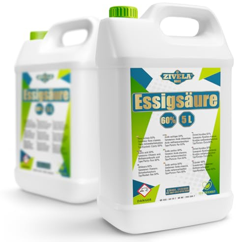 10 l d'acide acétique 60 % de qualité supérieure | 2 x 5 l d'essence de vinaigre 60 % de qualité alimentaire 10 kg | Vinaigre de haute pureté pour des applications polyvalentes | Parfait pour un usage