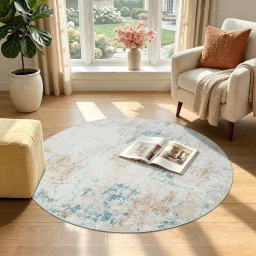 Homcomodar Teppich Rund 120cm Teppich Wohnzimmer Abstrakter Teppiche Beige Kurzflor Teppiche Schlafzimmer für Wohnzimmer Kinderzimmer Schlafzimmer