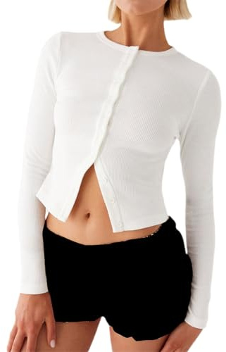 CocMouse Women's Slim Fitted Cardigan Ribbed Knit Button Down Shirt Long Sleeve Y2K Crew Neck Going Out Tops Streetwear