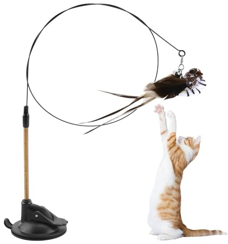 cxxtkcxxlc Katzenangel Stabil mit Saugnapf, Katzenspielzeug Angel mit Federn – Intelligentes Spielzeug für Katzen mit Vogel-Federn, Katzenangel für Selbstbeschäftigung und Unterhaltung - Graue Munia