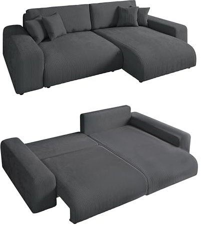 Modernes Cord Ecksofa B255/H165/T84 cm mit Schlaffunktion und Bettkasten, Wellenunterfederung, L-Couch links oder rechts montierbar, Liegefläche 148x196 cm, Cord-Bezug in Grau / 21006