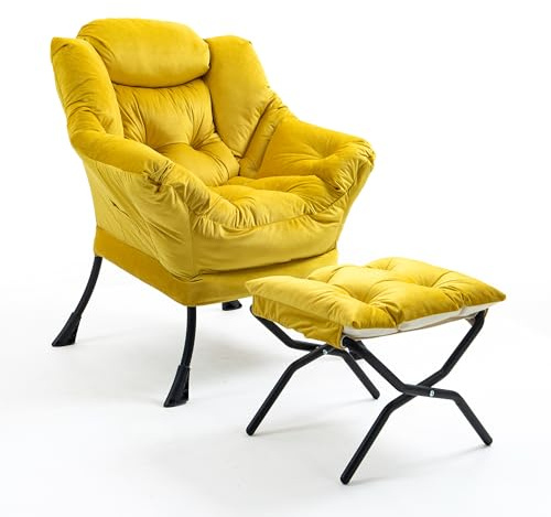 TIANSHU Fauteuil de Salon en Velours avec Repose Pieds, Fauteuil Relax avec Support de Nuque Fauteuil de Lecture avec Pieds en Métal Fauteuil Chambre Coussins épais Salon Chambre Bureau (Jaune)