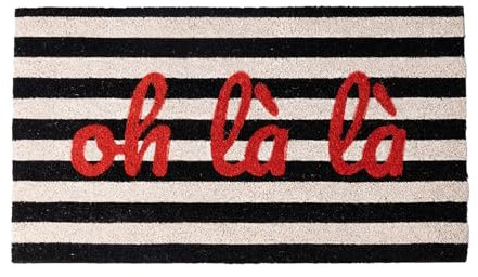 Fisura – Fußmatte Oh là là“ aus Kokosfaser mit Rutschfester PVC-Unterseite. Handbemalte schwarz-weiße Streifenmatte mit französischem Flair. Maße: 70 cm x 40 cm.