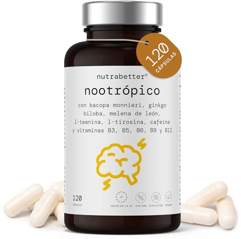 Nootropico Potente Natural |Memoria, Concentración, Energía y Agilidad Mental |Gingko Biloba, Melena de Leon, Bacopa Monnieri, Tirosina, Cafeina, Teanina +5 Vitaminas|120 cápsulas veganas|nutrabetter®
