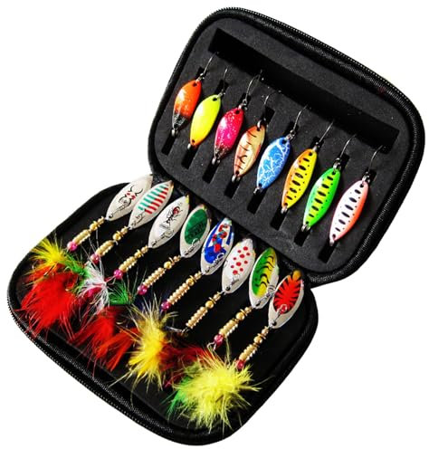 Esche rotanti in metallo, esche da pesca in mare, 16 pezzi di cucchiai duri for pesci che nuotano con paillettes colorate e ami a tre ami