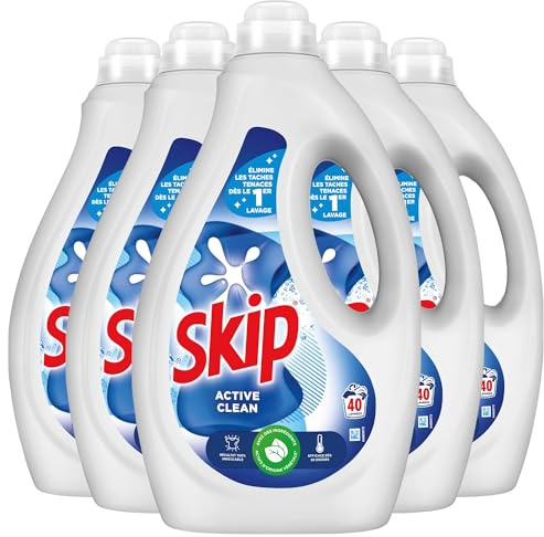 SKIP - Lessive Liquide Active Clean - Propreté Impeccable - Fraîcheur Longue Durée - Détache les vêtements tout en respectant fibres et couleurs - Lot de 5x40 lavages