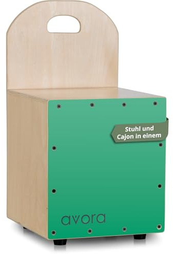 Avora Mini-Cajon-Stuhl Schepperkiste- Percussion Trommelkiste mit Rückenlehne - Sitztrommel mit Tragegriff - Snare-Effekt - Ideal als Hocker und Musikinstrument - Instrument aus Holz - Grün