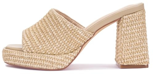 Monrovia Raffia Platform Heels for Women – Chunky Block Open Toe Woven Slides, Natural Straw Summer Dressy Vacation Sandals, Comfortable Heeled Slip On Mules, Natural Size 7.5