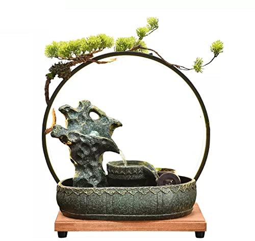 SONGYL-20249 Tabletop Fountain Tabletop Fountain Ceramic Rock Falls Fountains with Wooden Base and LED Light Interior Mini Water Feature for Bedroom, Office, Living Room Rockery Stream Fountain