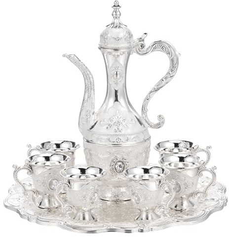 Deuson Turkish Coffee Pot Set, Coffee Pot with Cup Set, Includes 1 Wine Pot, 6 Wine Cups, 1 Tray, Wine Pot, Coffee Cups, Craft Decoration, Wedding Gift (Silver)