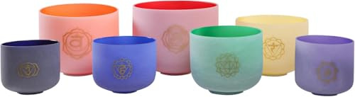 ENERGYSOUND 432 Hz 6-12 Inch Coloured Chakra Design Set of 7 Quartz Crystal Singing Bowl Healing & Yoga Meditation