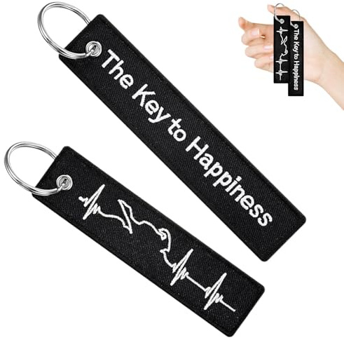 2 pièces Porte Clé Moto,Porte Clé Moto avec Broderie Double Face,The Key To Happiness Motif Électrocardiogramme Cadeau pour Mot Scooters Voiture Motards,Environ 12 x 3 cm, Noir