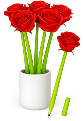 Aurus Bolígrafos de rosa – Juego de 5 bolígrafos de rosa artificial realista para mujer, regalos y decoración de escritorio