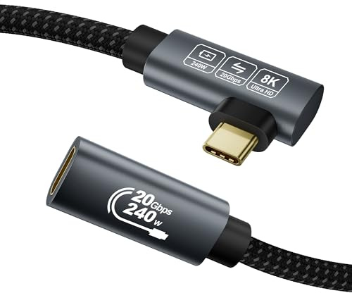 EUDOBEL 20Gbps USB C Förlängning 1m, (USBC 3.2 Gen 2x2, Video 8K@30Hz, 4K@60Hz/144Hz, PD3.1 240W, Vinkel 90 Grad) USB C Datakabel Förlängning för Thunderbolt 4, iPhone17/16, Hub, Docking Station