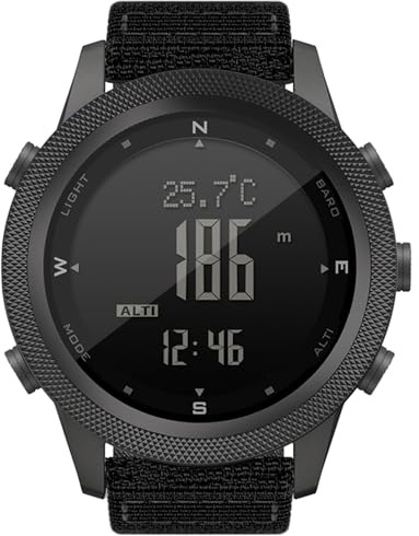 Fesjoy Montre Numérique Multifonctionnelle pour Hommes, Altimètre, Baromètre, Boussole, Podomètre, Chronomètre, étanche à 50 M, pour Usage Quotidien et Extérieur, Nylon Noir
