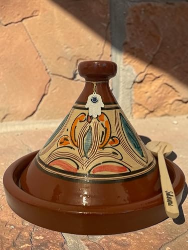 ORIGINAL Tajine Marocain Ø 30 cm Fait Main au Maroc – Terre Cuite Naturelle Sans Plomb – 5/6 Personnes – Avec Accessoires Inclus (Tajine Marocain Motif 1)