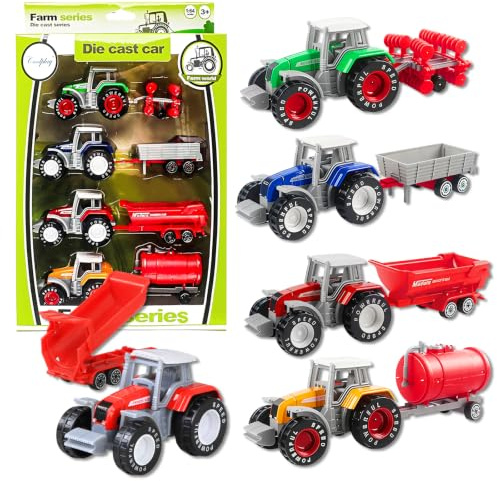 Eymobad Metall Traktor Set mit Abnehmbarem Anhänger, 4-Teiliges Bauernhof Traktor Spielzeug - Robuste Kindertraktor Modelle aus Metall/Kunststoff, Traktorgeschenk für Kinder ab 3 Jahren