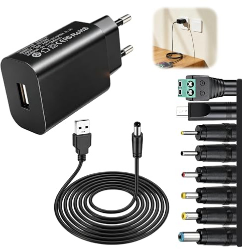 Adaptador de Corriente 5V 2A con 8 Conectores DC y Cable USB a DC 1M | Fuente de Alimentación AC/DC Universal para Cámaras CCTV Tiras de Luz LED TV Box Webcam y Diversos Dispositivos Electrónicos