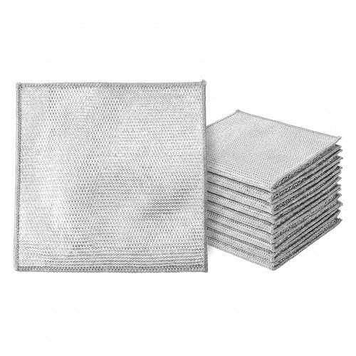 meetlanduo Silver Wire Dishcloths 10 pcs Silver Mesh Dishcloth Non-Scratch Scouring Cloths Reusable for Kitchen Cleaning 7.8x7.8 Inches