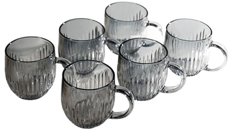 Lijiaxiuyc-101 Tumbler Glasses Colored Glass Mugs 6 Pack, 9 Oz Classic Vertical Stripes Cup Set with Handle for Water Milk Coffee Juice Beverages(Gris)