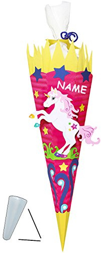 alles-meine.de GmbH BASTELSET Schultüte - Einhorn Pferd - 85 cm - incl. Namen - mit/ohne Kunststoff Spitze - Zuckertüte zum selber Basteln - 6 eckig Mädchen Einhörner Pink ..
