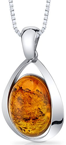 PEORA Genuine Baltic Amber Floating Solitaire Pendant Necklace for Women 925 Sterling Silver, Rich Cognac Color, with 18 inch Chain, Real Baltic Amber Necklace for Adults,