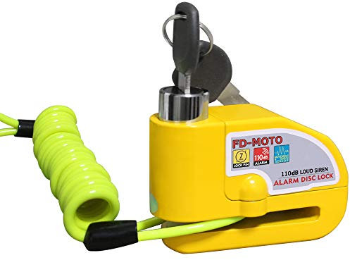 FD-MOTO 110dB Alarm Brake Disc Lock Anti-theft 7mm Pin Security Lock Yellow + Free 1.5m Reminder Cable For Motorbike Motorcycle Scooter Bike Bicycle