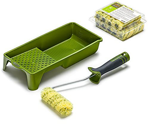 10 x Colorus Premium Polyamid Heizkörperwalzen 10 cm 13 mm Flor | Farbwalze für Wandfarben, Latexfarben | Inklusive 2K- Aufsteckbügel und 15 cm x 32 cm Farbwanne | Farbrolle Malerrolle Malerwalze