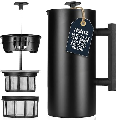 ESPRO P6 32 Ounces French Press Coffee Maker, Double Walled Stainless Steel Insulated, Matte Black