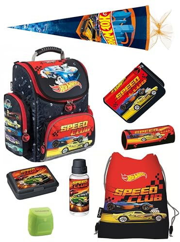 Familando - Schulranzen Set - 8-teilig mit Schultüte - Hot Wheels - Ergonomisch, stabil & mit gepolstertem Rücken - 1010g leicht - 18L Volumen - Mit Reflektoren - Für Grundschule ab 1. Klasse