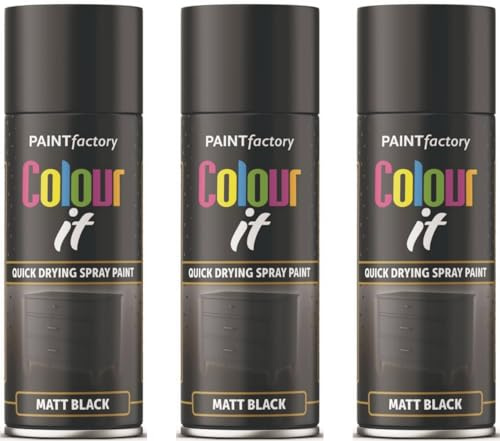 HLineuk SPRAY PAINT - 400ML BLACK MATT PAINT DIY WOOD PAINT PLASTIC PAINT METAL BLACK SPRAY PAINT (3 CANS)