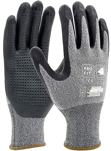 PRO FIT Nitrilschaum-Feinstrickhandschuh – Arbeitshandschuhe atmungsaktiv, Schutzhandschuhe mit Punktbenoppung für festen Halt - 12 Paar, Grau/Schwarz, Gr. 9