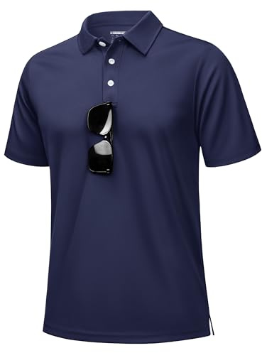 KEFITEVD Pikétröjor för män andas snabbtorkande polyester sommar golf ledig arbetströja med knapp, marinblå, XL