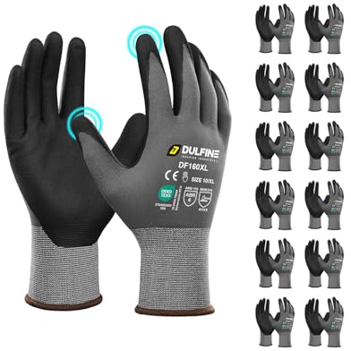 DULFINE Safety Work Gloves MicroFoam Nitrile Coated-12 Pairs Pack,Seamless Knit Nylon Glove with Black Micro-Foam Nitrile Grip,Ideal for General Purpose,Automotive,Home Improvement,Painting(Medium)