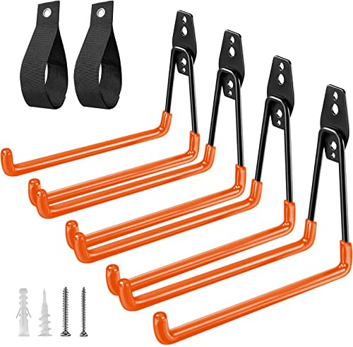 HUPBIPY Heavy Duty Garage Hooks 4 Pack, 7.7 inch U Shaped Long Hanger, with 2 Extension Cord Holder Organizer, Wall Mounted Storage System, for Power and Garden Tool Hanging， Ladders, Bikes, Hose
