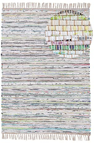 carpetfine Flickenteppich Kelim Chindi Beige 60x110 cm | Fleckerlteppich aus Baumwolle für Wohnzimmermit Fransen