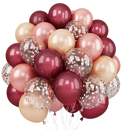 Burgundy Rose Gold 60 Packs 12 Inches Wine Red Latex Balloon | Champagne Rose Gold Confetti Balloons for Women Girls Birthday Wedding Bridal Shower Party Anniversary Decoration