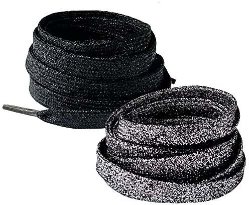 BupiMufi 2 paia – 9 – 10 mm di larghezza – Lacci piatti con glitter [in materiale migliorato] resistenti agli strappi e lucidi con lucentezza metallica, Nero A+nero B, 120