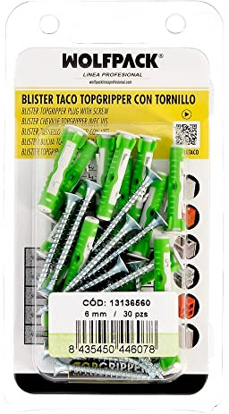 WOLFPACK LINEA PROFESIONAL - Blister Chevilles Topgripper bi-matière avec vis Ø 6 mm. 30 pièces chevilles ancrages universelles, chevilles béton, chevilles plates