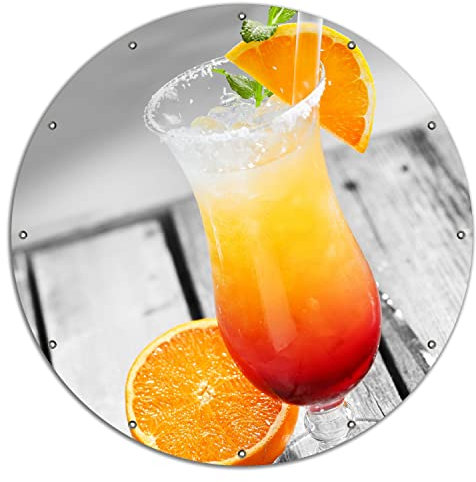 Wallario rundes Outdoor-Poster für Garten oder Balkon Bunter Cocktail am Pool mit Hintergrund in schwarz weiß, Motivbanner 120 cm Durchmesser