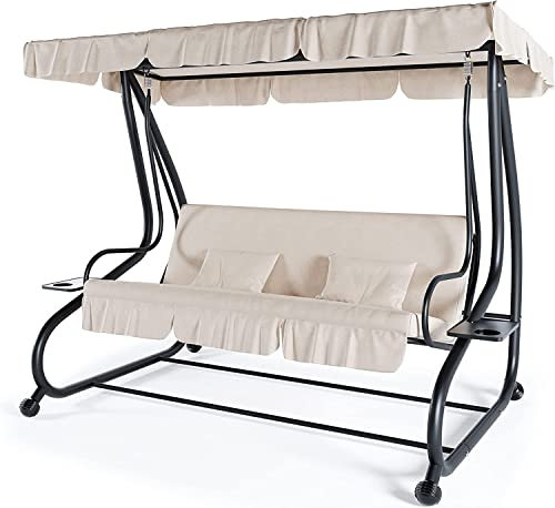 Dondolo Reclinabile 3 Posti Con Cuscini Imbottiti Parasole Tettuccio Regolabile Diventa Letto Struttura Acciaio Robusto Verniciato Giardino Esterno Balcone Terrazzo Piscina 200 x 120 x 160 cm Beige