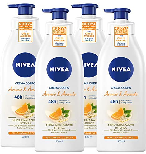 Nivea Crema Corpo Arancio & Avocado 48h Formula con Ingredienti di Origine Naturale Azione Idratante Energizzante Ammorbidente Illuminante Pelle Normale o Secca Texture Leggera - 4 Flaconi da 500ml