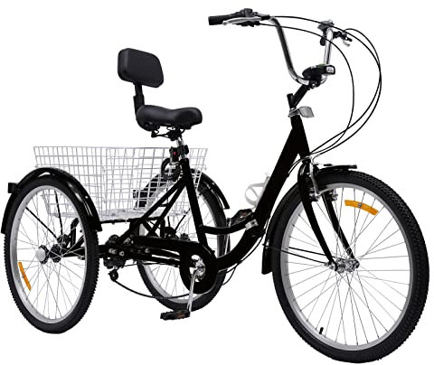 SABUIDDS 24 Zoll Dreirad für Erwachsene 7 Gang Erwachsene Dreirad mit Rückenlehne und Einkaufskorb Klappdreirad 3 Räder Fahrrad Cruise Bikes City Tricycle für Outdoor Sports Shopping, Schwarz