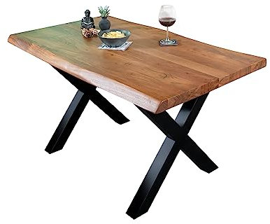 SAM Esstisch 140 x 80 cm Cali, Baumkantentisch nussbaumfarben, Akazienholz massiv, X-Gestell aus Metall Schwarz, aufgedoppelte Kanten 25+25 mm