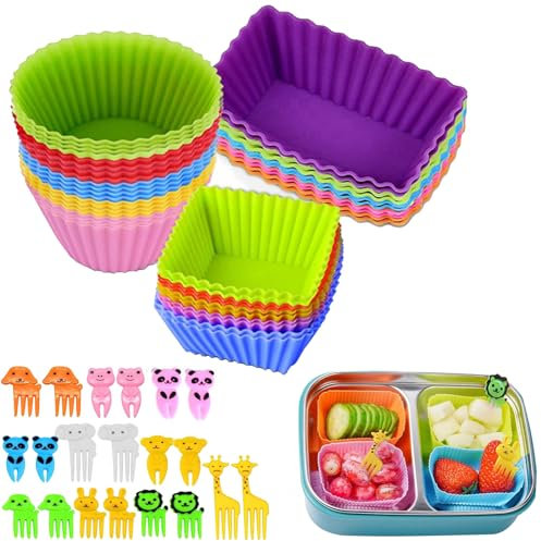 ABSOK 60 Pcs Silicone Lunch Box Dividers bento box accessories Silicone Cupcake Liners,Bento Lunch Box Dividers with Food Picks for Lunch Containers