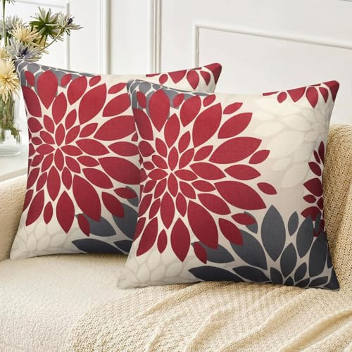 Velvhom Kissenbezug Leinen Rot und Grau 2er Set Deko Kissen Bezug Dahlie Blumen Kissenbezüge Kissenhülle Sofakissen Weich Zierkissen Kissen für Couch Sofa Wohnzimmer Schlafzimmer 40x40 cm