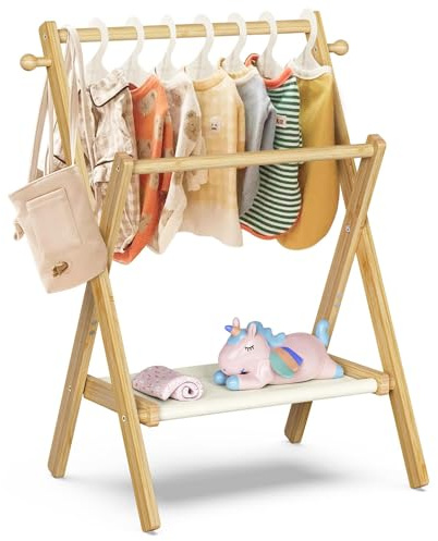 BAMBOOHOMIE Baby Clothing Rack for Baby Shower Pets Dolls, Baby Clothes Rack with Storage Shelf & Double Rods, Toddler Clothes Rack, Mini Closet Rack, Baby Shower Rack (Natural)